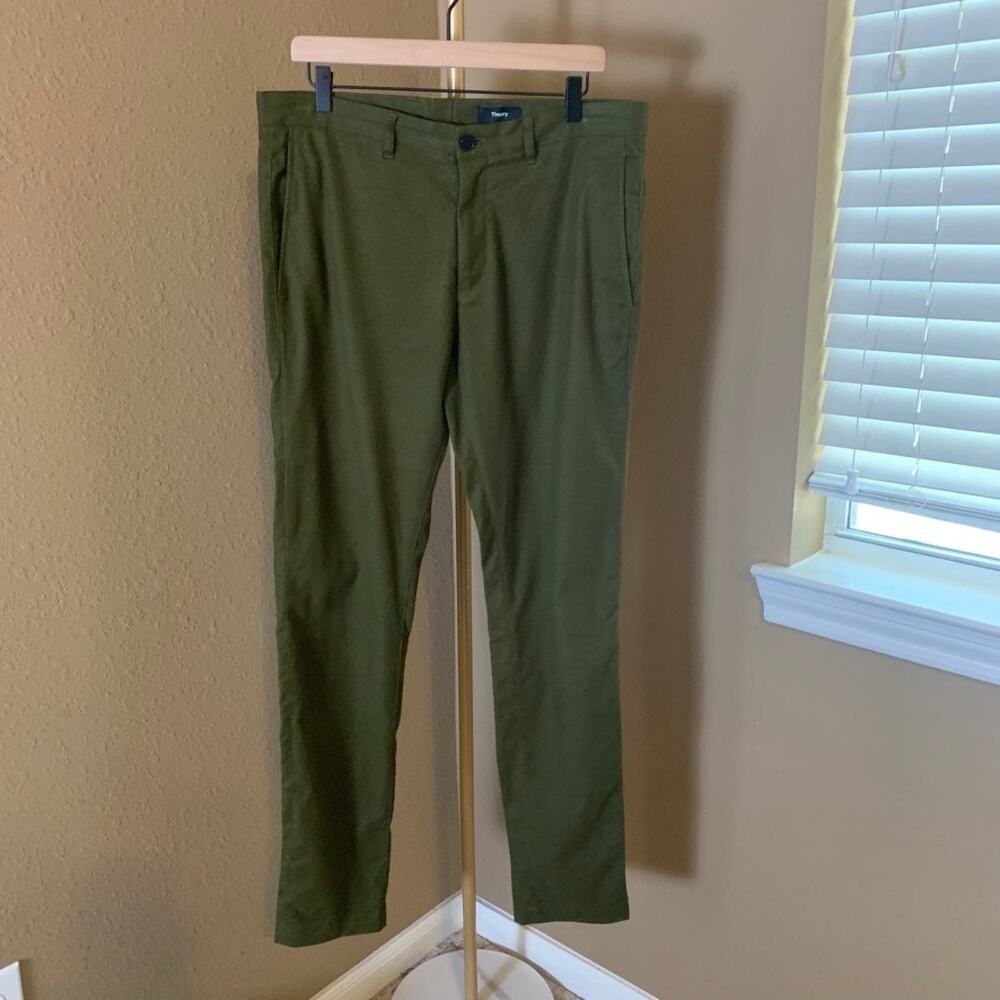 Theory Mens 33 Olive Slim Fit Pants Cotton Blend Flat Front Tailored Trouser